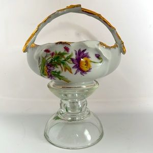 Japan Floral Painted Gold Trimmed Bowl Golden  Twig Handle, Holiday